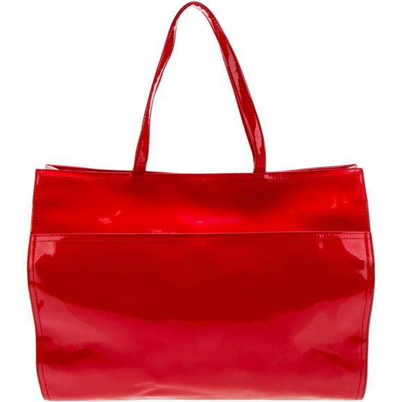 Tory Burch Ella Red Patent Leather Canvas Monogram Large Bag Tote Gold MINT - Picture 2 of 13